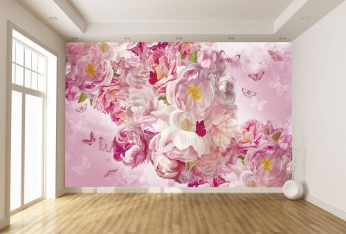 T9349 Wallpaper Delicate pink flowers and graceful butterflies
