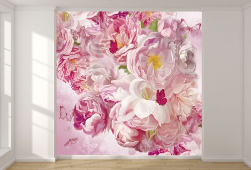 T9349 Wallpaper Delicate pink flowers and graceful butterflies