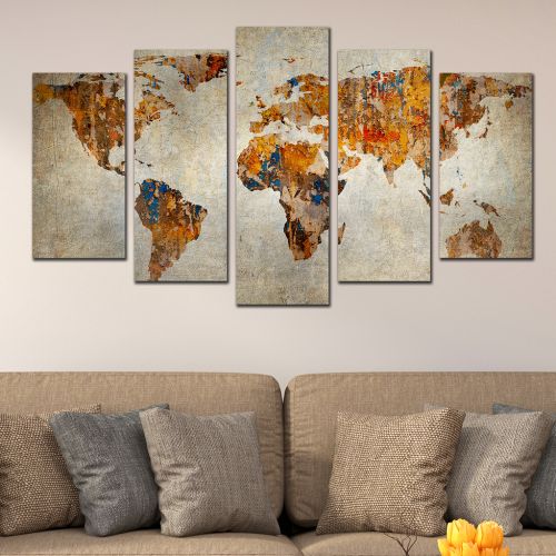 Modern abstract wall decoration set with old map