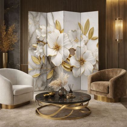 P1059 Decorative Screen Room divider Flowers in white and gold (3,4,5 or 6 panels)