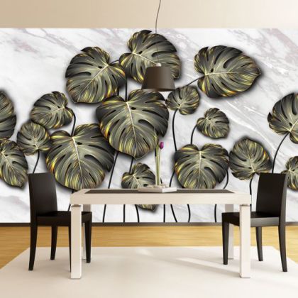 T0894 Wallpaper Tropical leaves black and gold
