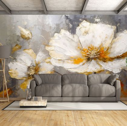 T0935 3D Wallpaper Flowers - white and gold