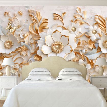 T0995 Wallpaper 3D Golden flowers and butterflies