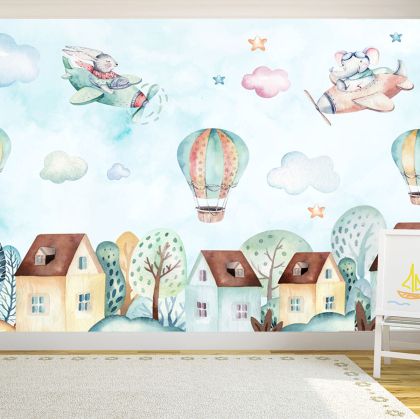 T9249 Wallpaper Bunny and elephant with helicopters over the city