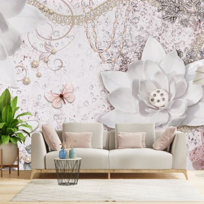 T9305 Wallpaper 3D Abstraction with white flowers, pearls and butterflies