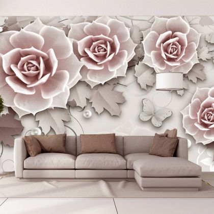 T9309 Wallpaper 3D Romantic roses, Pearls and Butterflies