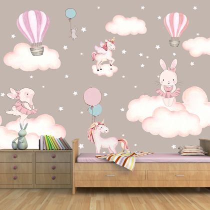 T9325 3D Wallpaper Rabits, Unicorns, Hot Air Balloons, and Clouds