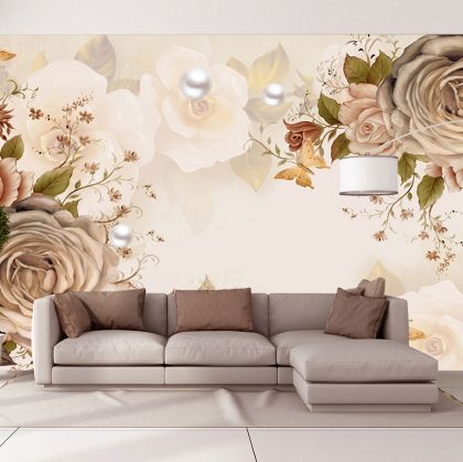 T9339 Wallpaper Roses in warm shades and delicate butterflies