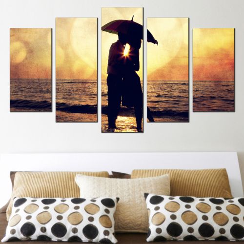 Wall art decoration set with couple in love at sunset