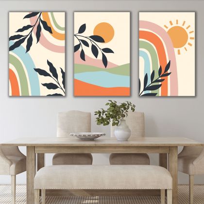 1169 Colorful Harmony – Set of 3 Abstract Wall Arts with Rainbows, Sun and Boho Elements