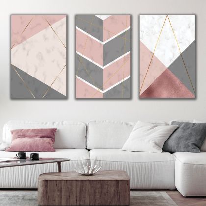 1173 Pastel Geometry – Set of 3 Marble Wall Art Prints with Gold Lines