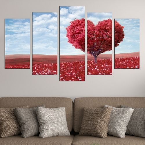 Картина пейзаж от 5 части с дърво-сърце, цветя и поле