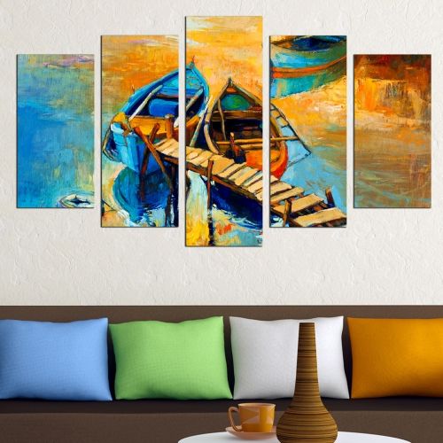 Canvas art set for decoration sea landscape with boats