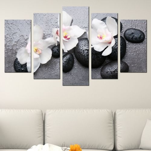 Декоративно пано за стена дзен композиция орхидеи, камъни, сив фон