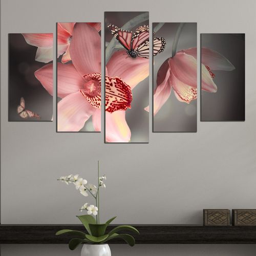 Canvas art set orchids and butterflies pink and grey