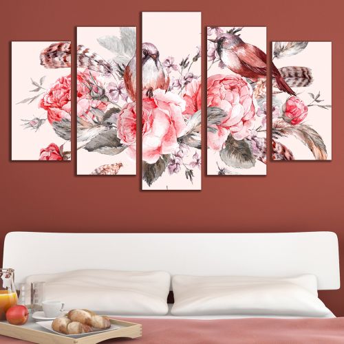 Canvas art set beautiful Vintage composition with roses and birds