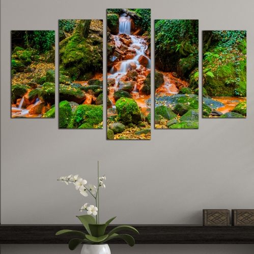 Декорация за стена Пейзаж с водопад зелено и орангево