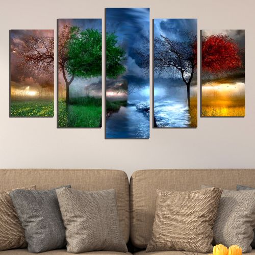 Canvas wall art set 5 pieces Seasons green blue