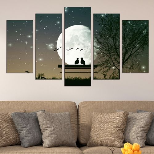 Картина от 5 части за стена влюбени птици на лунна светлина