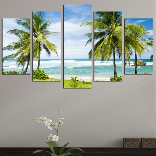 Декорация за стена от 5 части с красив плаж с палми