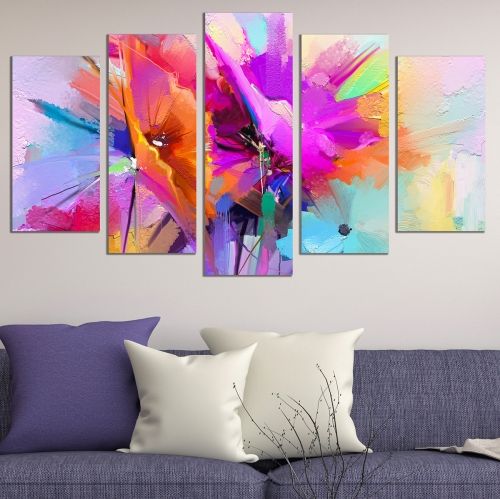 wall art canvas decoration set with abstract flowers purple and orange colorful