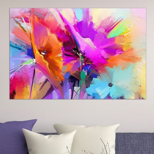 Картина за стена абстрактни цветя оранжево лилаво и синьо