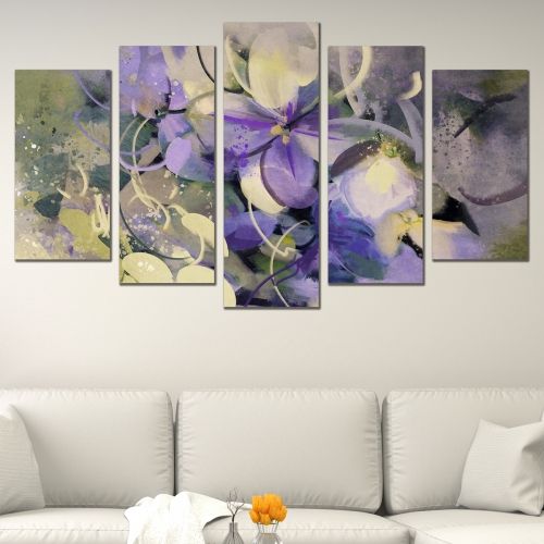 Арт картина от 5 части за хол или спалня с цветя в лилаво и бяло