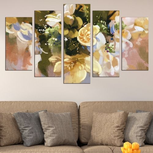 wall art canvas decoration set with abstract flowers green, white, yellow