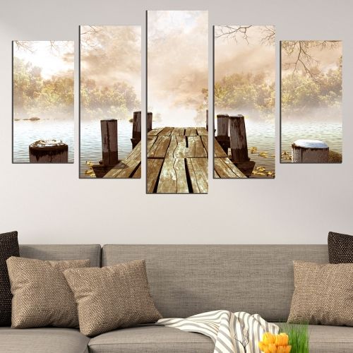 Картина от 5 части с пейзаж с река и дървен кей в кафяво