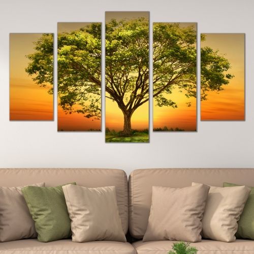 Картина от 5 части Пейзаж с красиво дърво в зелено, оранжево и жълто