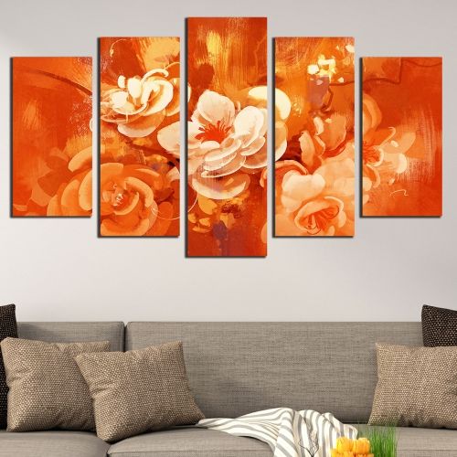 Арт пано от 5 части за хол или спалня с арт цветя оранжево