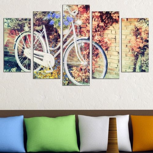 Винтидж декоративно пано от 5 части с велосипед и цветя