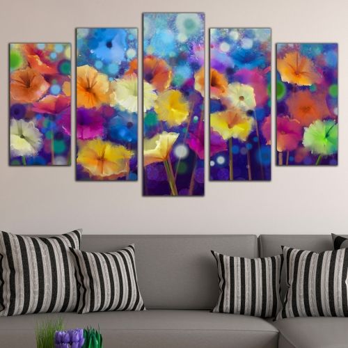 Декоративно пано за стена от 5 части с цветя в ярки цветове