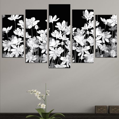 0711 Wall art decoration (set of 5 pieces) Jentle white flowers on black background