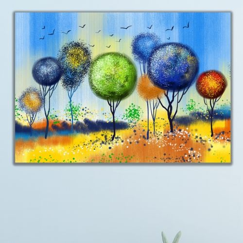 Картина за стена абстрактни дървета в оранжево синьо и жълто за детска стая