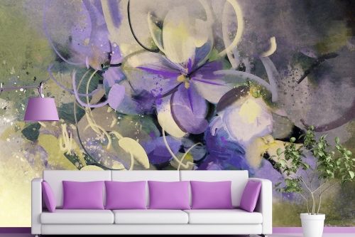 Фототапет за спалня и всекидневна с красиви арт цветя в лилаво и бяло