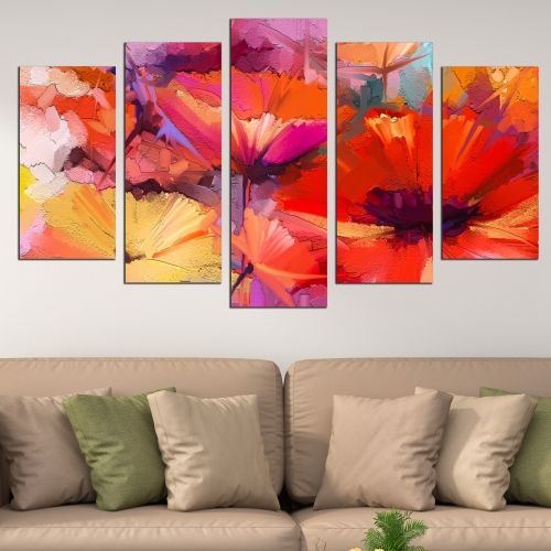Декоративнo панo от 5 картини с Абстрактни цветя репродукция в оранжево за стена с абстрактни цветя оранжево и лилаво