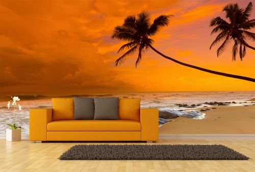 Фототапет с море, плаж и палми в оранжево за всекидневна