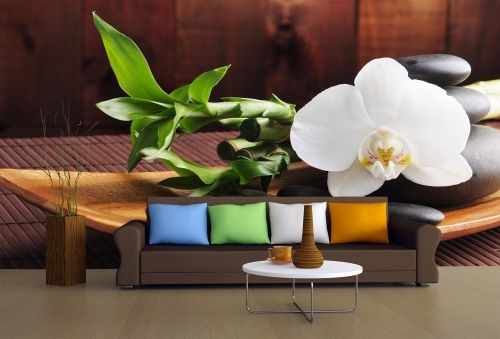 Спа Фототапет с орхидея в кафяво и бяло за спалня и всекидневна с красиви арт цветя в бяло, оранжево и кафяво