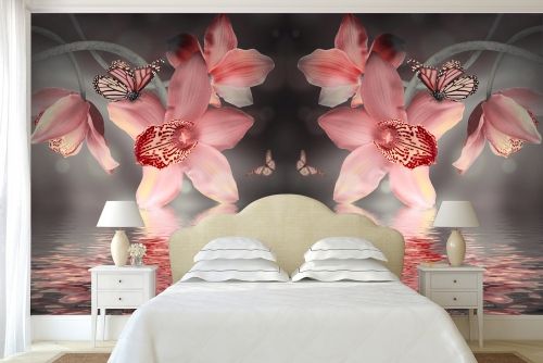 Фототапет за спалня с орхидеи и пеперуди в розово и сиво