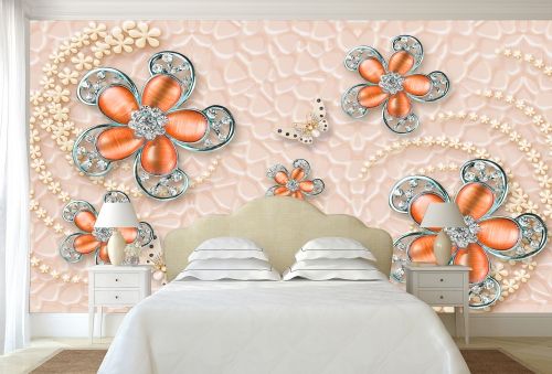 3D Фототапет за спалня с абстрактни цветя и бижутаи кръгове в розово
