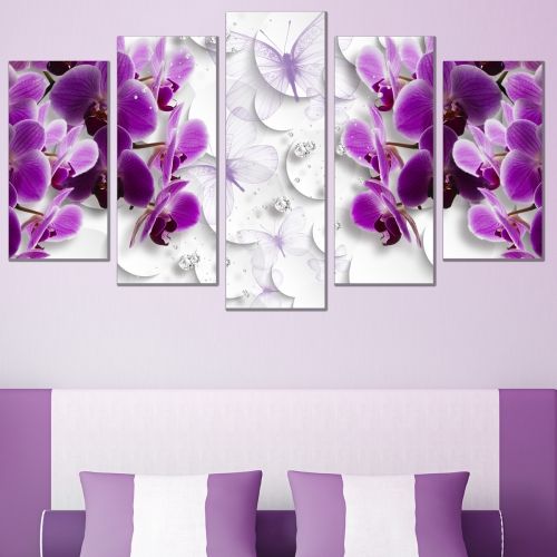 0752 Картина-пано от 5 части 3D орхидеи, пеперуди и диаманти в лилаво и бяло