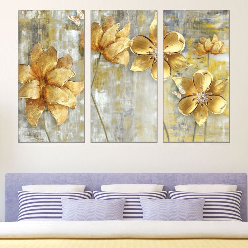 0764 Wall art decoration (set of 3 pieces) Abstract golden flowers