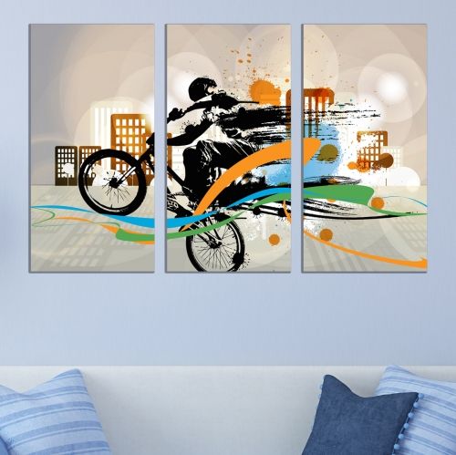 0770 Картина пано от 3 части Абстракция- момче с велосипед за стая на момче
