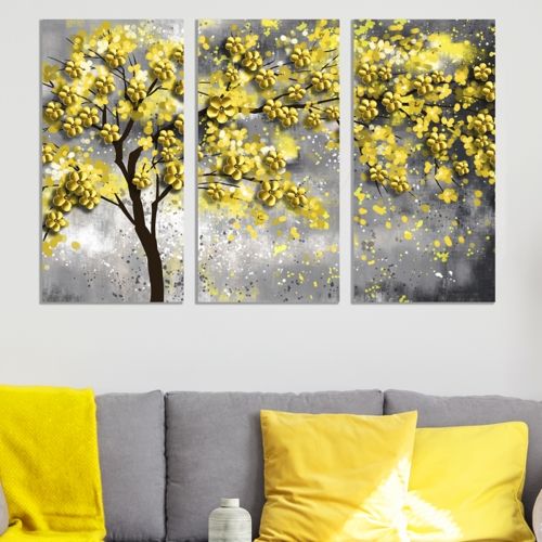 0787 Картина пано от 3 части Абстрактно дърво (жълто и сиво)