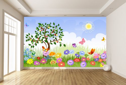 T9088 Детски фототапет Летен пейзаж с дърво, слънце и цветя
