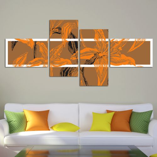 0133_1 Floral Wall art decoration (set of 4 pieces) in brown and orange