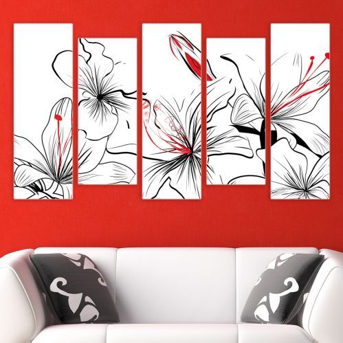 Картина пано от 5 части в бяло, черно и червено