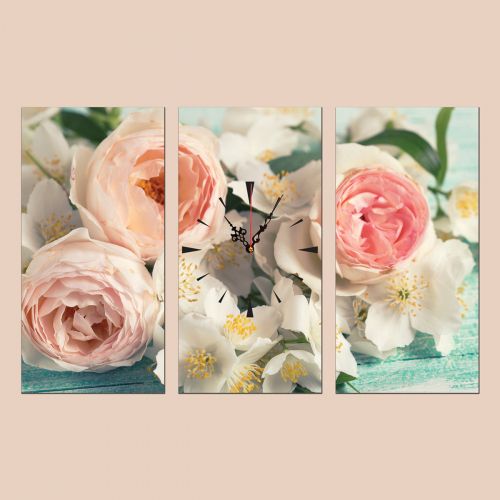 C0796 _3 Clock with print 3 pieces Vintage flowers in pastel colors