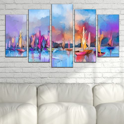 0874 Wall art decoration (set of 5 pieces) Seascape with boats